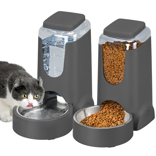 Automatischer Katzenfutterspender und Schwerkraft-Edelstahl-Wasserspender, Hundefutterspender und Bewässerungs-Set für kleine, mittelgroße Welpen, Kätzchen, Haustiere (3,5 l x 2, Grau) von WyfKyd