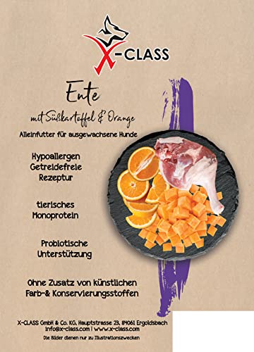 Getreidefrei Ente mit Süßkartoffel und Orange, 2kg, Trockenfutter für ausgewachsene Hunde, Ohne Zusatz von künstlichen Farb-& Konservierungsstoffen von X-CLASS