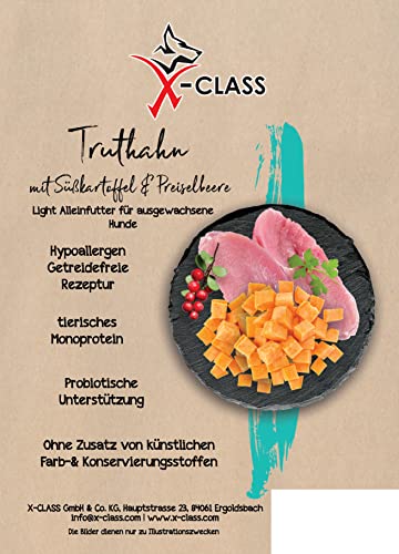 Getreidefrei Truthahn mit Süßkartoffel und Preiselbeere, Light Alleinfutter für ausgewachsene Hunde, 12kg von X-CLASS