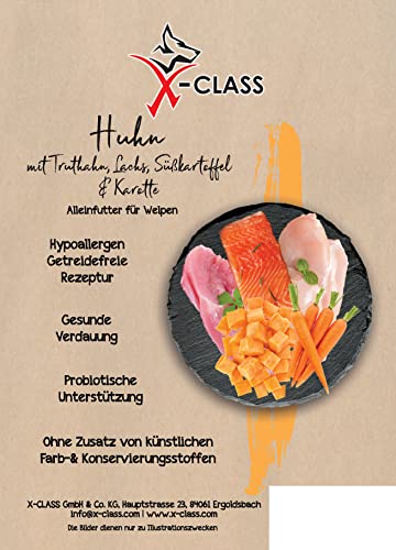 Huhn mit Truthahn, Lachs, Süßkartoffel und Karotte, getreidefreies Trockenfutter für Welpen und Junghunde, 6kg von X-CLASS