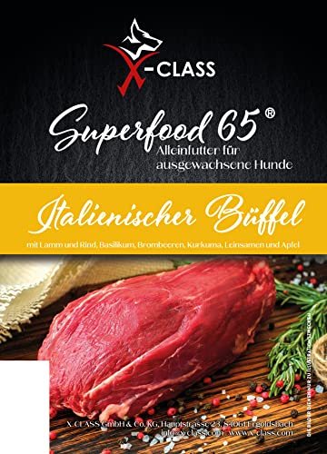 Italienischer Büffel mit Lamm, Rind und Basilikum, Brombeeren, Kurkuma, Leinsamen und Apfel, getreidefreies Trockenfutter für ausgewachsene Hunde, 2kg von X-CLASS