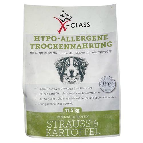 Strauss und Kartoffel Hypo-Allergene Trockennahrung für ausgewachsene Hunde, Monoprotein11,5kg von X-CLASS