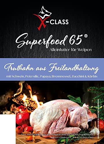 Truthahn aus Freilandhaltung, Schwein mit Petersilie, Papaya, Brennnessel, Zucchini & Kürbis, 12kg, Hochwertiges Trockenfutter für Welpen und Junghunde von X-CLASS