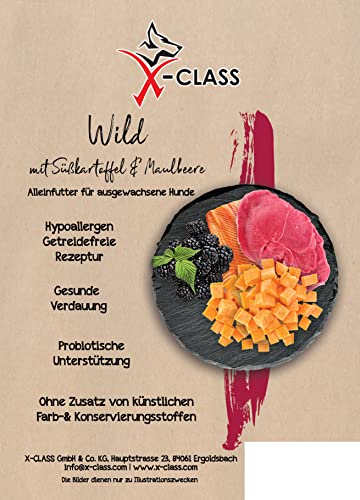 Wild und Lachs mit Süßkartoffel und Maulbeere, Trockenfutter für ausgewachsene Hunde, ohne Zusatz von künstlichen Farb- und Konservierungsstoffen, 2kg von X-CLASS