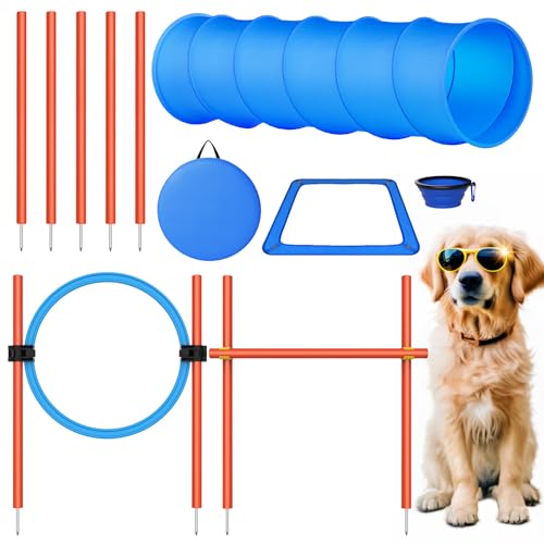 X XBEN Agility Set Hunde, 6-Teiliges Agility Set für Hunde, Agility Set Hunde Groß mit Hundetunnel, Hürden, 5 Slalomstangen, Springring, Pause-Box, Faltbarer Wassernapf, Tragetasche, Spiele&Training von X XBEN
