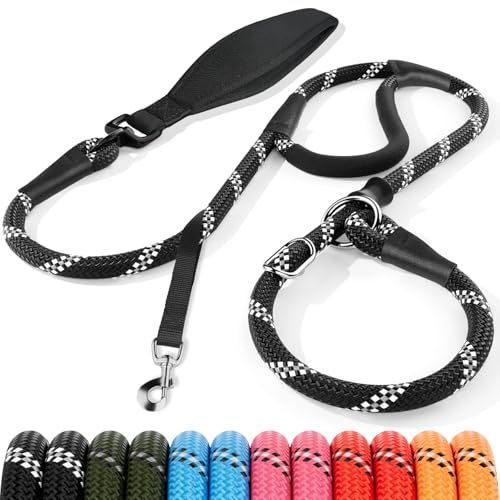 X XBEN Retrieverleine mit Zugstopp, 120cm Retriverhundeleine mit komfortablen Griff, schnell anzulegende Hundeleine und Halsband in Einem, Trainingsleine Moxonleine robust und wetterfest, 8 mm，Schwarz von X XBEN