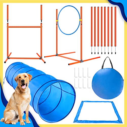 X XBEN Upgrade Agility Set für Hund, 4-teiliges Set Agility-Ausrüstung für Hunde, Agility Set mit 60CM Hundetunnel, Springring, Hürdenstange, 8 Slalomstangen,Interessant Spiele, Training,Einstellbar von X XBEN