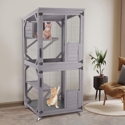 Catio Outdoor Katzengehäuse, Katzenhaus mit Rädern, aufgerüstete Katze Kratzbaum, Ruhebox, wasserdichtes Dach für Patio Garten (grau, 31.5" L x 31.5" W x 70.9" H) von X-ZONE PET