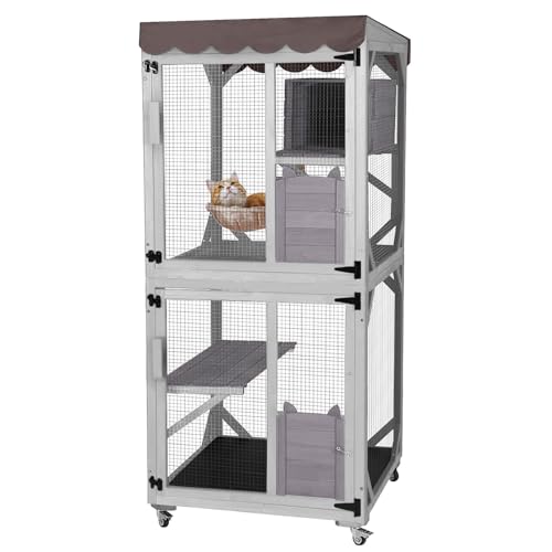 X-ZONE PET Catio Outdoor Cat Gehäuse auf Rädern Indoor Kitty Haus mit Katzenbett, Kratzbaum, springende Plattformen, wasserdichtes Dach (braun) 80CM/Lx80CM/Wx182.5CM/H von X-ZONE PET