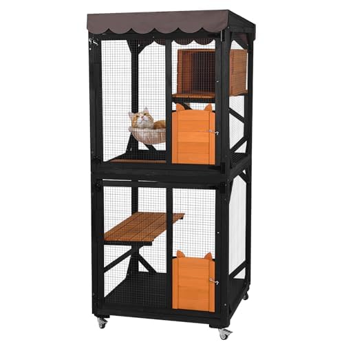 X-ZONE PET Catio Outdoor Cat Gehäuse auf Rädern Indoor Kitty Haus mit Katzenbett, Kratzbaum, springende Plattformen, wasserdichtes Dach (grau) 80CM/Lx80CM/Wx182.5CM/H von X-ZONE PET