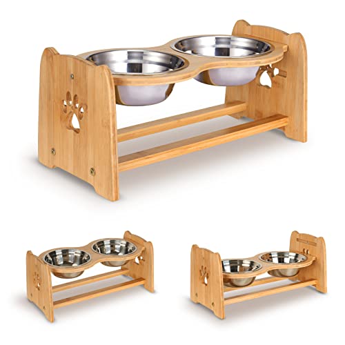 X-ZONE PET Raised Pet Bowls for Cats and Dogs, Adjustable Bamboo Elevated Dog Cat Food and Water Bowls Stand Feeder with 2 Stainless Steel Bowls and Anti Slip Feet (Adjustable Height 4.7" to 7") von X-ZONE PET