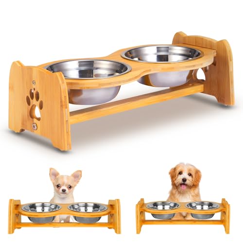 X-ZONE PET Raised Pet Bowls for Cats and Dogs, Adjustable Bamboo Elevated Dog Cat Food and Water Bowls Stand Feeder with 2 Stainless Steel Bowls and Anti Slip Feet (Adjustable Height 4" to 4.5") von X-ZONE PET