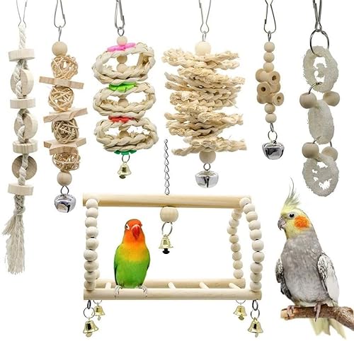 Papagei Vogel Spielzeug Set Kauschaukel Vogelkäfig Zubehör Zubehör Utensilien Original Holzfarbe von XCC