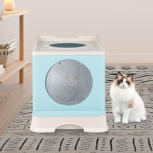 Katzenklo, Katzentoilette mit Deckel, Katzenklo inklusive Schaufel, Ausziehbares Tablett, Auslaufsicherer Boden, katzentoiletten mit 2 Öffnungen (48 * 39 * 34cm blau) von XDAILUYYDS