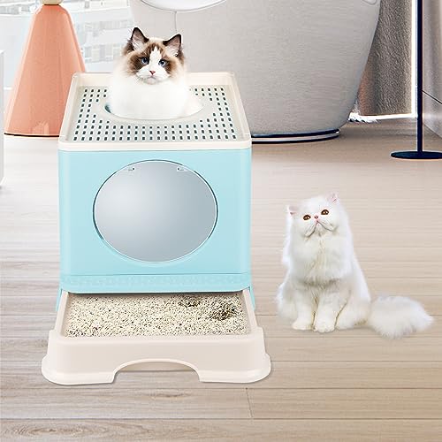 Katzenklo, Katzentoilette mit Deckel, Katzenklo inklusive Schaufel, Geschlossene Katzentoilette, Ausziehbares Tablett, Auslaufsicherer Boden (48 * 39 * 34cm blau-D) von XDAILUYYDS