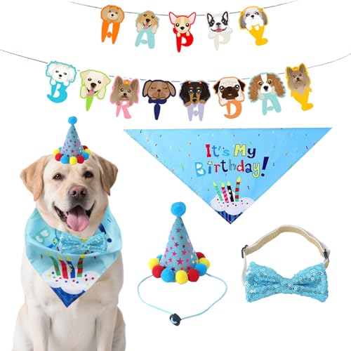 Hund Geburtstag Party Zubehör Happy Birthday Banner Geburtstagshüte Kopftücher Fliege Blau Geburtstagsparty Set für Hunde Katzen von XDGBGFN