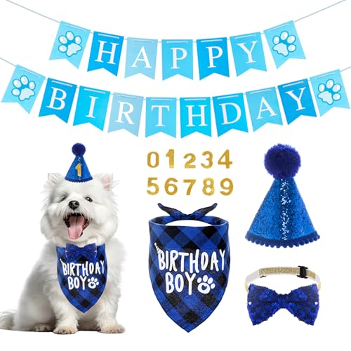 Hundegeburtstag Hut Bandana Set,5 Stücke Hunde Geburtstags Bandana Mütze mit 10 Bling Nummern und Happy Birthday Banner für kleine mittelgroße und große Hunde,Hund Geburtstag Deko (Blau) von XDGBGFN