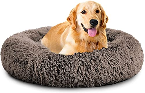 Rundes Plüsch-Katzen-Hundebett, Waschbares Flauschiges Haustierbett Für Große Mittelgroße Small Hunde (XL(75 ×75 × 18cm),Khaki) von XDKS