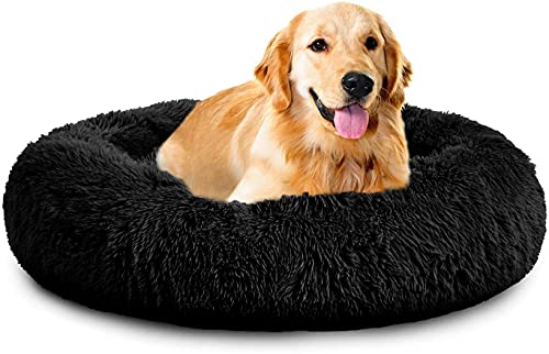 Rundes Plüsch-Katzen-Hundebett, Waschbares Flauschiges Haustierbett Für Große Mittelgroße Small Hunde (XL(75 ×75 × 18cm),Schwarz) von XDKS