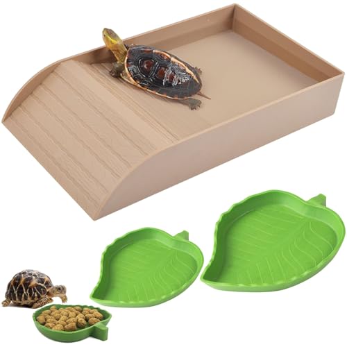 3 Stück Schildkröten-Futternapf mit Rampe und Baskenplattform, Blätter, Reptilien, Wasserschüssel, Teller, Reptilien, Pool mit Rampe, für Schildkröte, Bad, Amphibien, Lebensraum, Aquarium, Braun von XDONEF