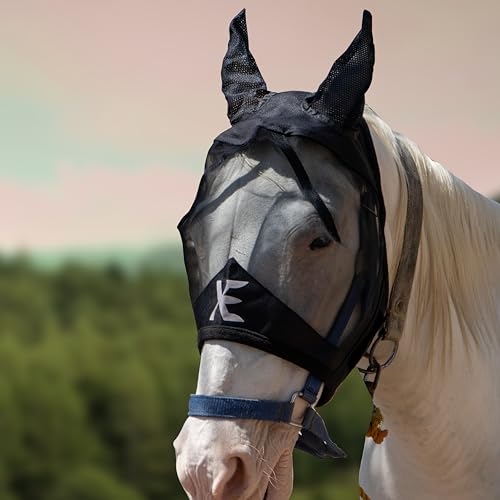 XE Pferde-Fliegenmaske mit Ohren – atmungsaktive Netz-Pferdemaske für UV-Schutz und Pferdefliegen, Standard-Reitsport-Schwarz Pferde-Fliegenmaske (Pony, S) von XE Xpert Excellence