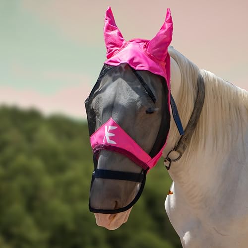 XE Pferde Fliegenmaske mit Ohren – Atmungsaktive Mesh Vollgesichts und Nasen Pferdemaske für UV Schutz und Pferdefliegen, Standard Rosa Pferde Fliegenmaske für den REIT (Rosa, Cob (M)) von XE Xpert Excellence
