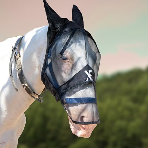 XE Pferde Fliegenmaske mit Ohren – Atmungsaktive Mesh Vollgesichts und Nasen Pferdemaske für UV Schutz und Pferdefliegen, Standard Schwarz Pferde Fliegenmaske für den REIT (Schwarz, Pony (S)) von XE Xpert Excellence