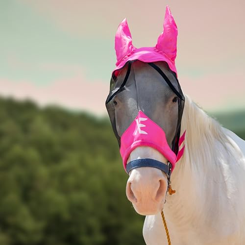 XE Pferde Fliegenmaske mit Ohren – Atmungsaktive Mesh Vollgesichts und Nasen Pferdemaske für UV Schutz und Pferdefliegen, Standard Pferde Fliegenmaske für den REIT (Half Pink Mask, Cob (M)) von XE Xpert Excellence
