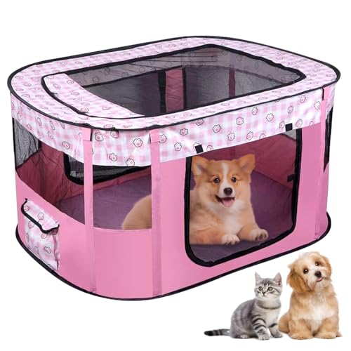 Faltbarer Laufstall für Haustiere, tragbare Hunde- und Katzenbox mit Aufbewahrungstasche, atmungsaktiv, weich, mit Netz-Einsätzen, für Welpen, Kaninchen, Kätzchen, 70 x 55 x 40 cm (Rosa) von XEERUN