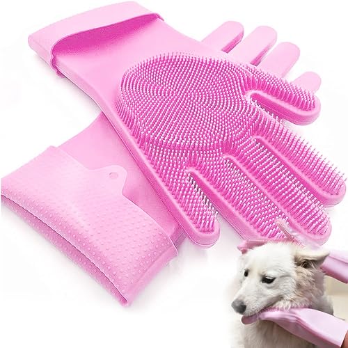 XFLYP Haustier Grooming Handschuhe, Pflegehandschuhe Katzen aus Silikagel Handschuh Bürste Katze, Aufhängbares Design, Baden und Massieren für Hunde und Katzen (Rosa) von XFLYP