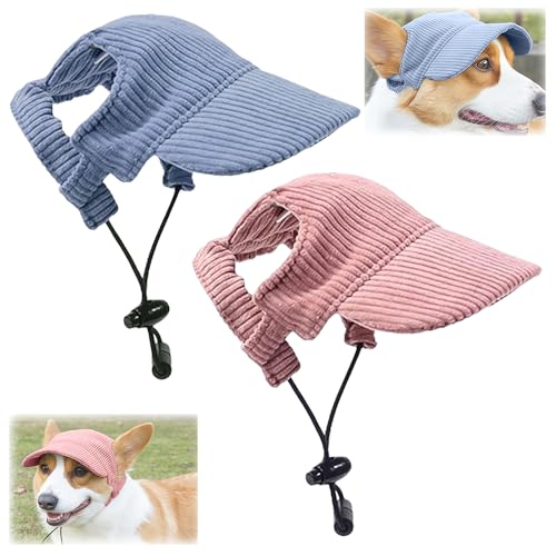 XFSRG 2 Stück Hunde Schirmmütze Cord Baseballmütze Verstellbar Hundecap mit Ohrlöchern Sonnenhut Sonnenschutz Accessoires Sommer für Outdoor Aktivitäten(Blau+Rosa/L) von XFSRG