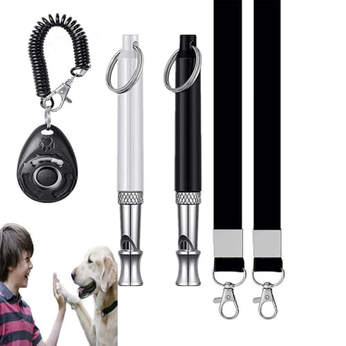 XFSRG Hundepfeife 5er Set,2 Stück Ultraschall-Hundepfeife 1 Stück Hochfrequenz Klicker 2 Schlüsselbänder Hundeklicker Set Clicker Hundetraining Clickertraining von XFSRG
