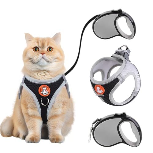 XFSRG Katzengeschirr mit Leine Atmungsaktives Mesh Brustgeschirr Verstellbares Sicherheitsgeschirr Katzenleine Set Ausziehbar Reflektierendes Design für Spaziergänge mit Katzen (Schwarz, L) von XFSRG