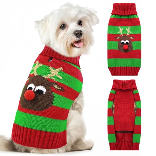 XGDMEIL Hunde-Weihnachtspullover, niedlicher gestreifter Elch, Strickpullover für XS, kleine, mittelgroße und große Hunde, Katzen, warm, für Welpen, Pullover, Neujahr, Herbst, Winter, Hundekleidung von XGDMEIL