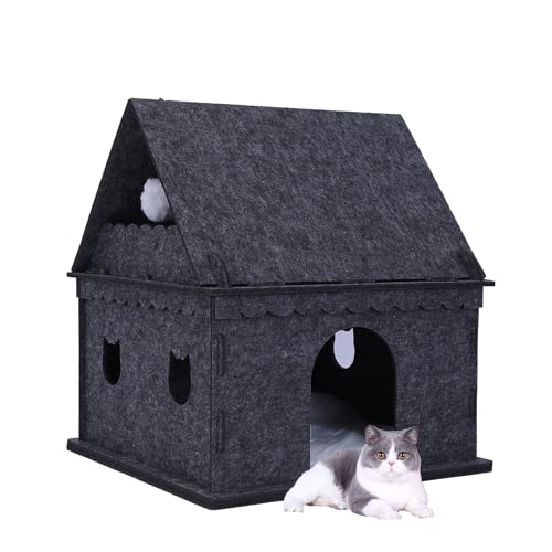 2-stöckiges Katzenhaus für den Innenbereich, Haustier-Katzenbett, Versteck für mehrere und große Katzen (2-stöckig, 55 x 55 x 62 cm) von XHANGMZ
