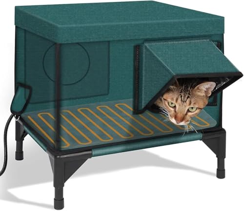 Außenes, erhöhtes, beheizbares Katzenhaus, außen Wildkatzen-Schutz, wasserdicht isoliert Hwning, für Wildkatze aus der Scheune (Green L) von XHSMYXGS