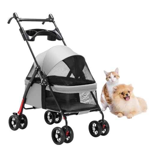 Reisetransporter for kleine Hunde, Haustier-Katzen-Hunde-Kinderwagen mit Getränkehalter-Tablett, Haustier-Kinderwagen, Kinderwagen, Hunde- und Katzen-Kinderwagen, faltbarer Wagen, verstellbarer Griff( von XIAOYIWIN