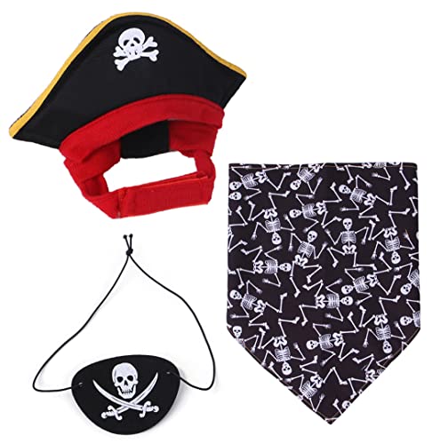 XIAOYU 3 Stück Halloween Hund Piraten Kostüm Set Haustier Piratenhut Piratenschädel Dreieck Bandana und Piraten Augenbinde für Hund Katze Halloween Cosplay, Schwarz von XIAOYU