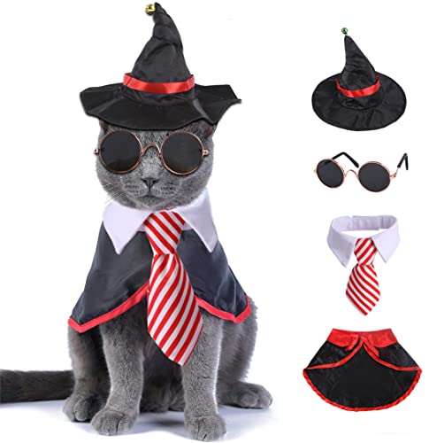 XIAOYU 4 Stück Halloween Hund Kostüme Haustier Krawatte Hexe Umhang Zauberer Hut Katze Brille für kleine Hunde Katzen Halloween Cosplay Party Dekoration, Rot, L von XIAOYU