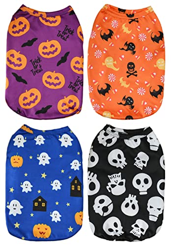 XIAOYU 4 Stücke Halloween Haustier Weste Hundeshirt Halloween Hundekleidung Kürbis Geister Fledermäuse Skelette Muster Hundekostüm für kleine Hunde Katze Halloween Partys Cosplay,XL von XIAOYU