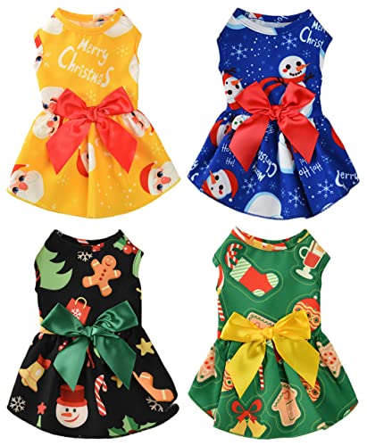 XIAOYU 4 Stücke Weihnachten Hunde Kleider mit Schleife Urlaub Thema Hund Kostüm Halloween Hund Prinzessin Kleid Katze Bekleidung, S von XIAOYU