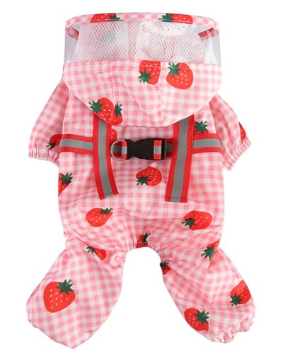 XIAOYU wasserdichter Hunderegenmantel, reflektierende, leichte Outdoor-Regenjacke für Vierbein-Hunde mit Kapuze und D-Ring für die Leine, geeignet für kleine Hunde, Erdbeere, L XIAOYU wasserdichter Hunderegenmantel, reflektierende, leichte Outdoor-Regenjacke für Vierbein-Hunde mit Kapuze und D-Ring für die Leine, geeignet für kleine Hunde, Erdbeere, L von XIAOYU