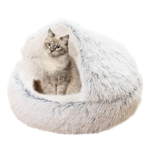 Beruhigendes Katzenbett für Indoor-Katzen, Plüsch-Katzenhaus Katzenzelt Kissen für kleine, mittelgroße und große Haustiere, Donut-Kuschelnest mit rutschfester Unterseite, Katzenkissenkorb, 40 cm, Grau von XIEMINLE