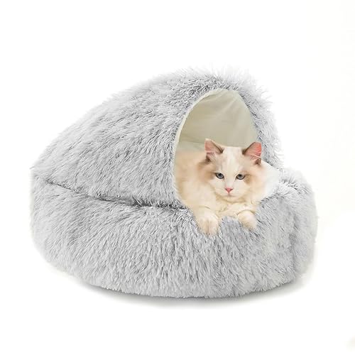 Donut-Katzenbett für den Innenbereich, Plüsch-Höhlenbett für Kätzchen, mit Kapuze, kleines Katzennest, flauschig, beruhigend, selbstwärmend, Haustierhöhle mit rutschfester Unterseite, 65 x 65 x 20 cm von XIEMINLE