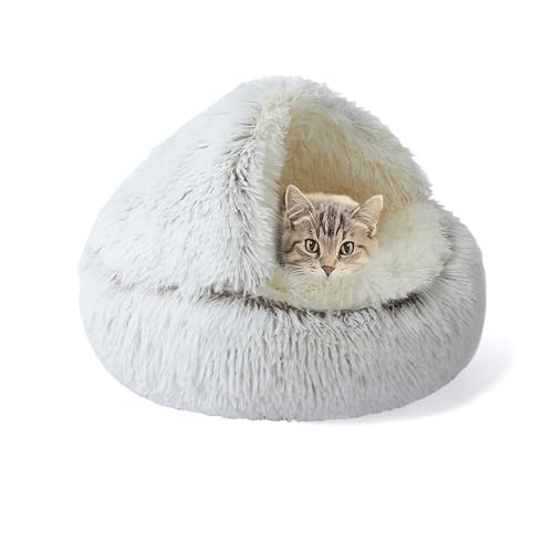 Katzenbett, Höhlen, flauschiges Katzenkissen mit Kapuze für den Innenbereich, Plüsch-Haustierhaus, gemütliches Haustier-Schlafhöhle, warmes Kätzchennest, Donut-beruhigendes Bett mit rutschfester von XIEMINLE