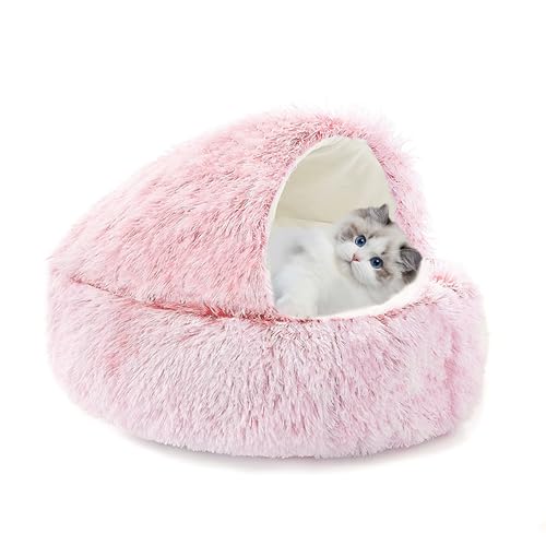 Katzenbett, flauschig, mit Kapuze, Katzenhöhle für den Innenbereich, Plüsch-Schlafbett, Höhle, maschinenwaschbar, Haustier-Schlafkissen, beruhigendes Kätzchennest mit rutschfester Unterseite (65 x 65 von XIEMINLE