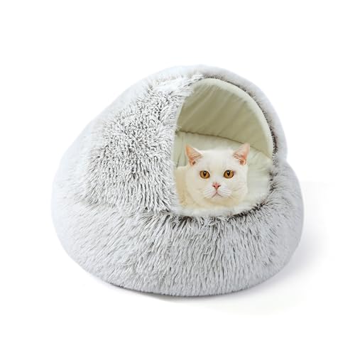 Katzenbett, rund, mit Kapuze, Schlafhöhle für den Innenbereich, Plüsch, Anti-Angst, Haustierbett mit rutschfester Unterseite, maschinenwaschbar, Schlafkissen für Kätzchen und Welpen, 50 x 50 x 20 cm von XIEMINLE