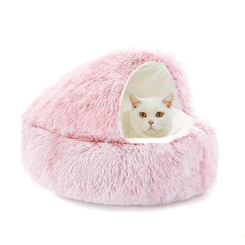 Katzenbett, rund, mit Kapuze, Schlafhöhle für den Innenbereich, Plüsch, Anti-Angst, Haustierbett mit rutschfester Unterseite, maschinenwaschbar, Schlafkissen für Kätzchen und Welpen (65 x 65 x 20 cm von XIEMINLE