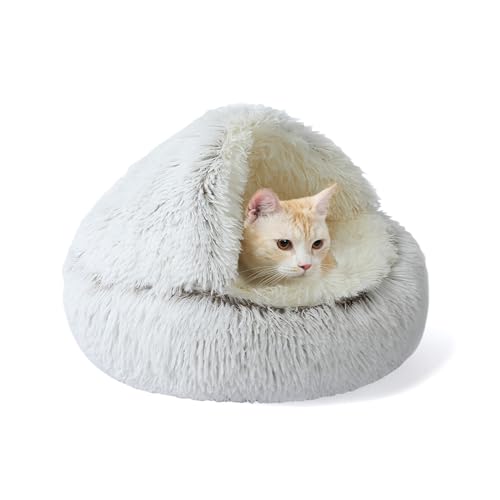 Katzenbett für den Innenbereich, Plüsch-Katzenhöhle, mit Kapuze, rund, Haustier-Schlafhöhle, warm, gemütlich, Donut-Nest mit rutschfester Unterseite, für Welpen und Kätzchen, 40 x 40 x 20 cm, Braun von XIEMINLE