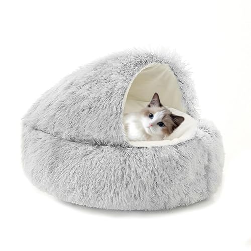 Katzenbett mit Kapuze, flauschig, Anti-Angst, Haustierbett, Donut-Katzennest, kleine Haustier-Schlafhöhle, Plüsch, Kätzchen-Höhlen, Schlafsack mit rutschfester Unterseite für Kätzchen (65 x 65 x 20 cm von XIEMINLE